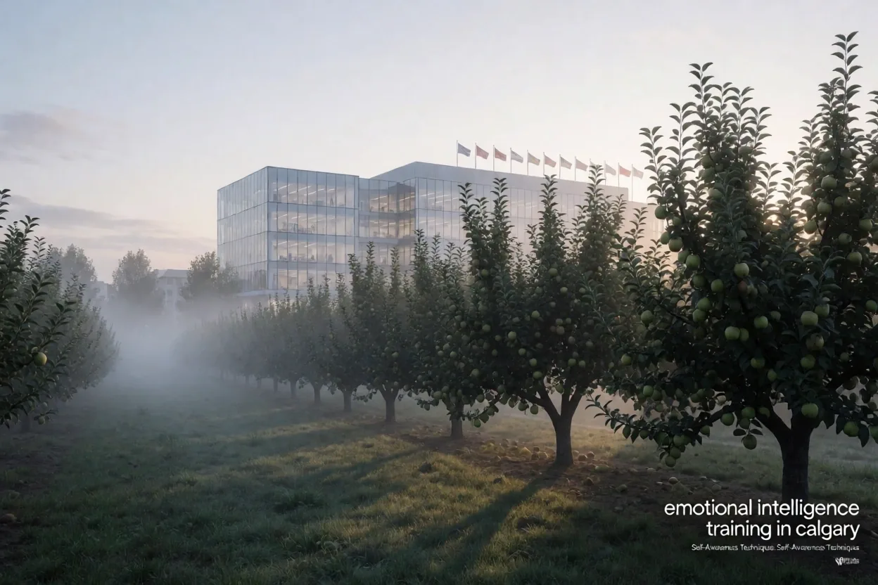 Misty orchard at dawn representing growth and structure